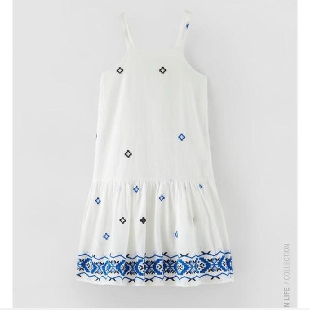 Zara White and Blue Embellished Pleated Midi Sundress